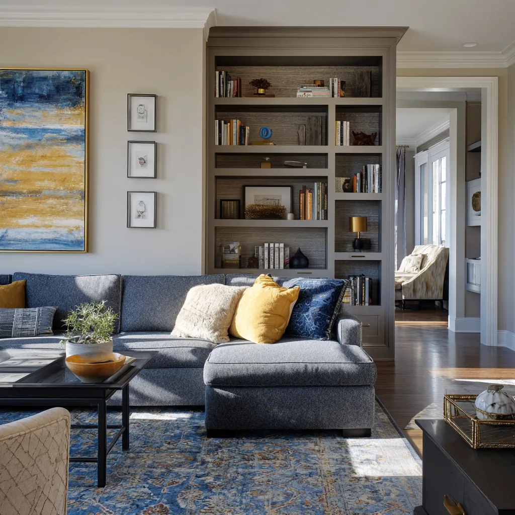 Eclectic maximalist living room with gray sectional, taupe built-in bookcase, large blue and ochre abstract art, blue patterned rug Eclectic maximalist living room with gray sectional, taupe built-in bookcase, large blue and ochre abstract art, blue patterned rug