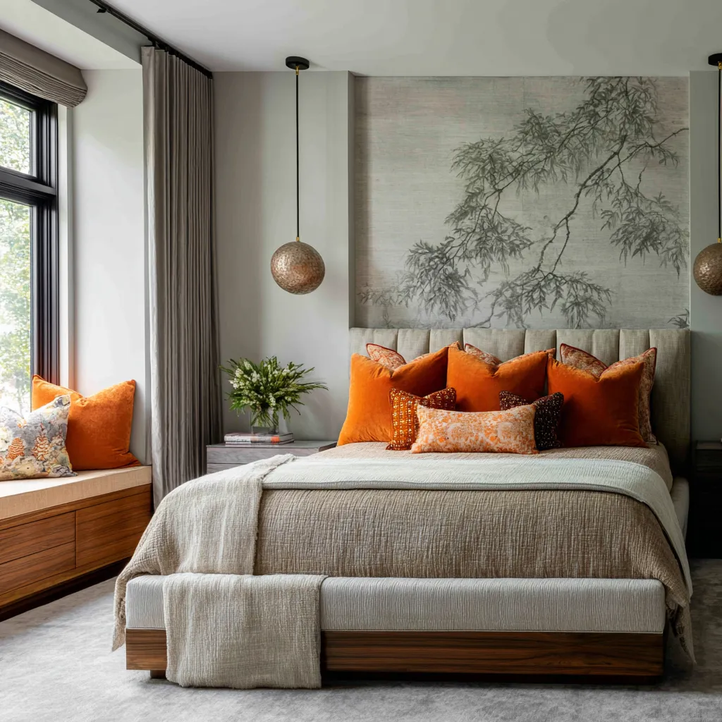 Elegant Bedroom with a smoky jade branch mural panel behind a pale bed, limestone-toned bedding, glowing hammered-metal pendants Elegant Bedroom with a smoky jade branch mural panel behind a pale bed, limestone-toned bedding, glowing hammered-metal pendants