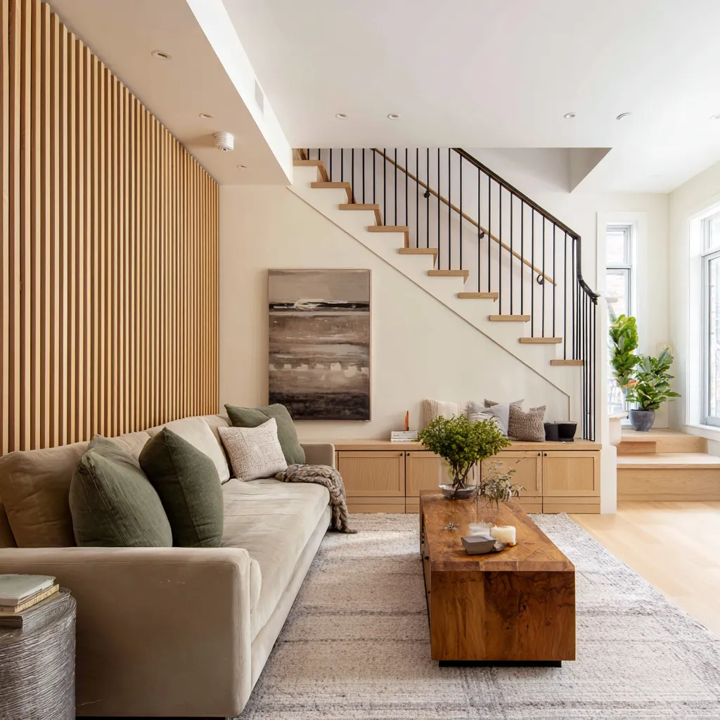 Elegant Danish-inspired townhouse interior design composition with a vertical slatted wood wall Elegant Danish-inspired townhouse interior design composition with a vertical slatted wood wall