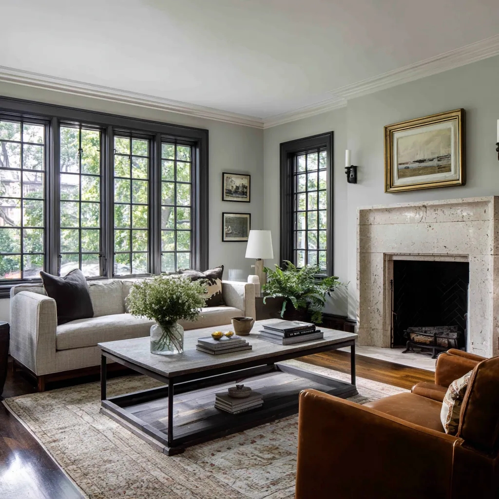 Elegant English country living room concept with black-painted windows, broad pale old money style stone fireplace Elegant English country living room concept with black-painted windows, broad pale old money style stone fireplace