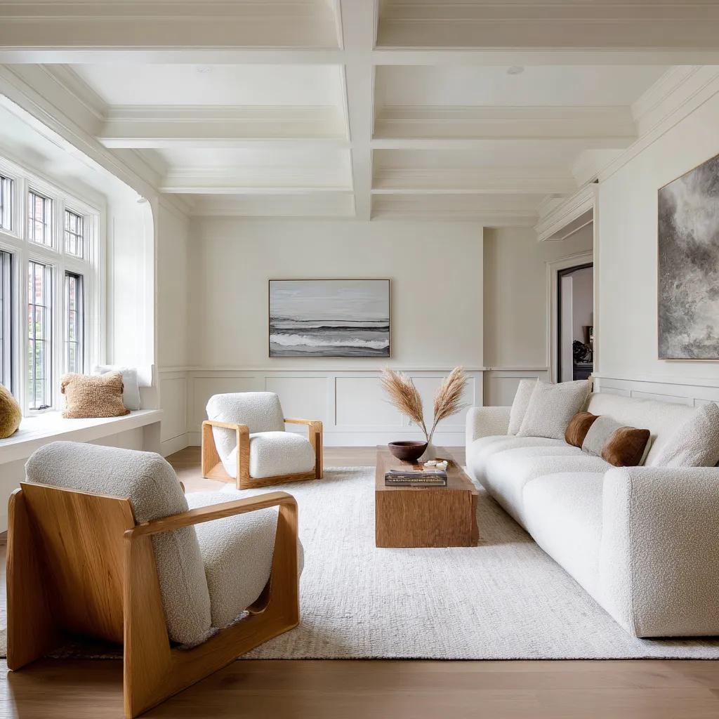 Elegant Nordic-style seating group placed inside a formal American room with paneled walls, a coffered ceiling Elegant Nordic-style seating group placed inside a formal American room with paneled walls, a coffered ceiling