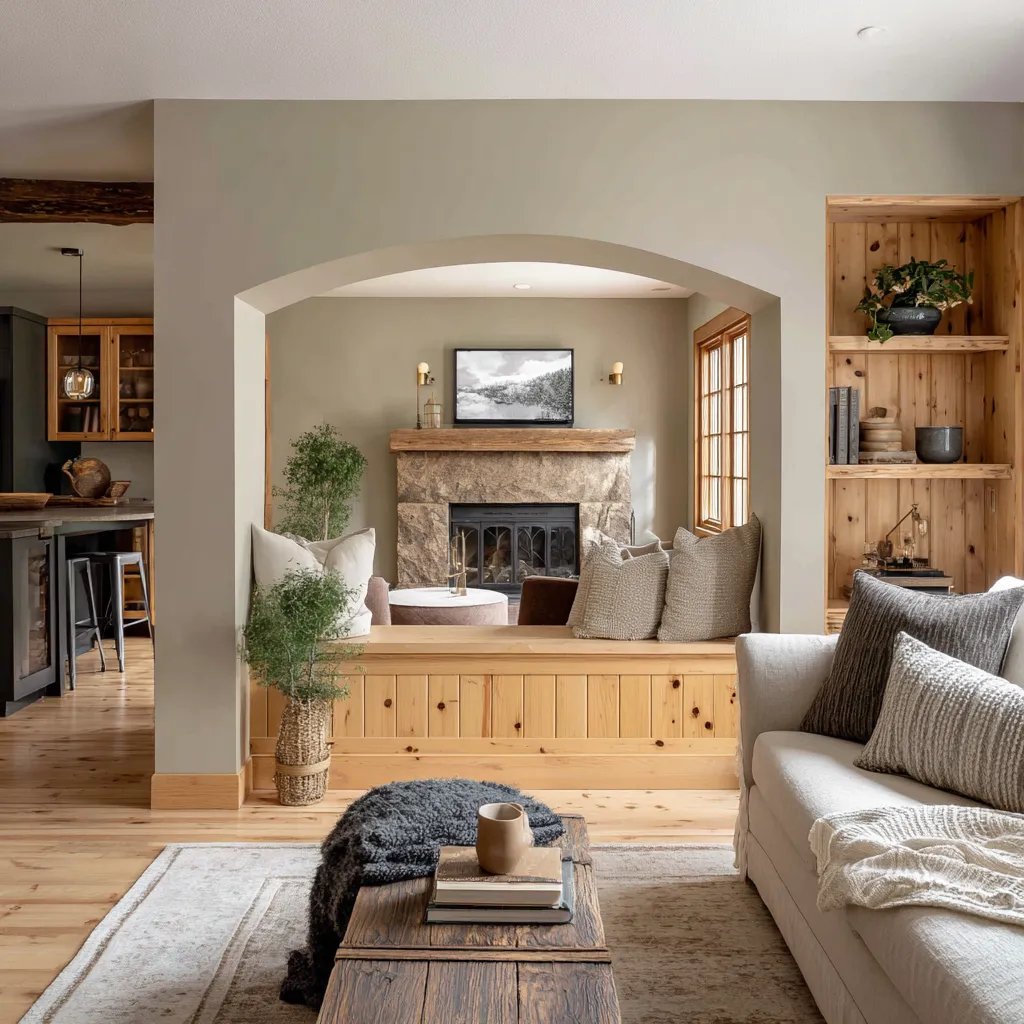 Elegant Norwegian interior design concept for a family room with kitchen pass-through arch, built-in bench, open shelving Elegant Norwegian interior design concept for a family room with kitchen pass-through arch, built-in bench, open shelving