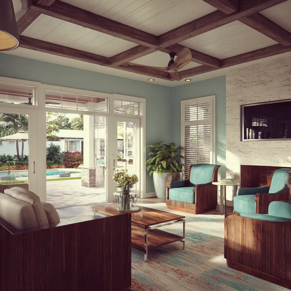 Elegant Tropical British colonial interior design concept with aqua-toned walls, dark wood-framed seating Elegant Tropical British colonial interior design concept with aqua-toned walls, dark wood-framed seating