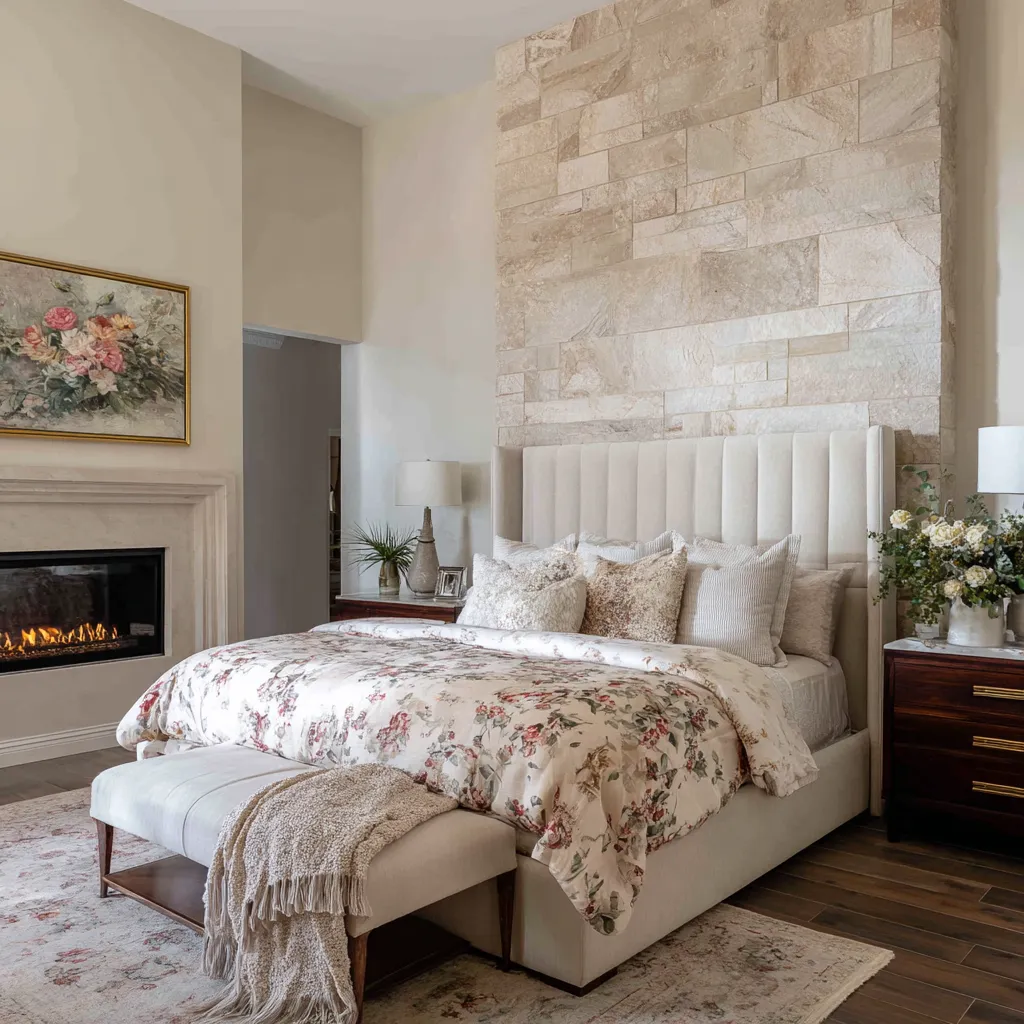 Elegant bedroom design with a tall stone chimney wall, channel headboard, pale floral duvet, and a secondary fireplace seating area Elegant bedroom design with a tall stone chimney wall, channel headboard, pale floral duvet, and a secondary fireplace seating area