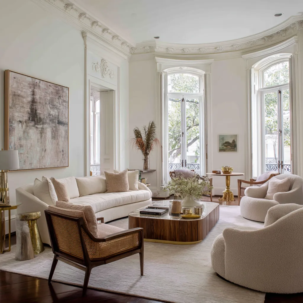 Elegant living room with a curved bay of tall windows, decorative crown moulding, long pale sofa, rounded boucle chairs Elegant living room with a curved bay of tall windows, decorative crown moulding, long pale sofa, rounded boucle chairs