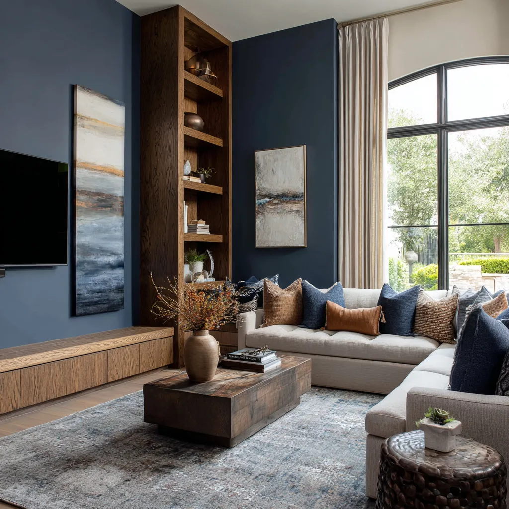 Elegant living room with deep blue-gray walls, tall walnut shelving, cream sectional, rust and navy pillows, chunky dark wood coffee table Elegant living room with deep blue-gray walls, tall walnut shelving, cream sectional, rust and navy pillows, chunky dark wood coffee table
