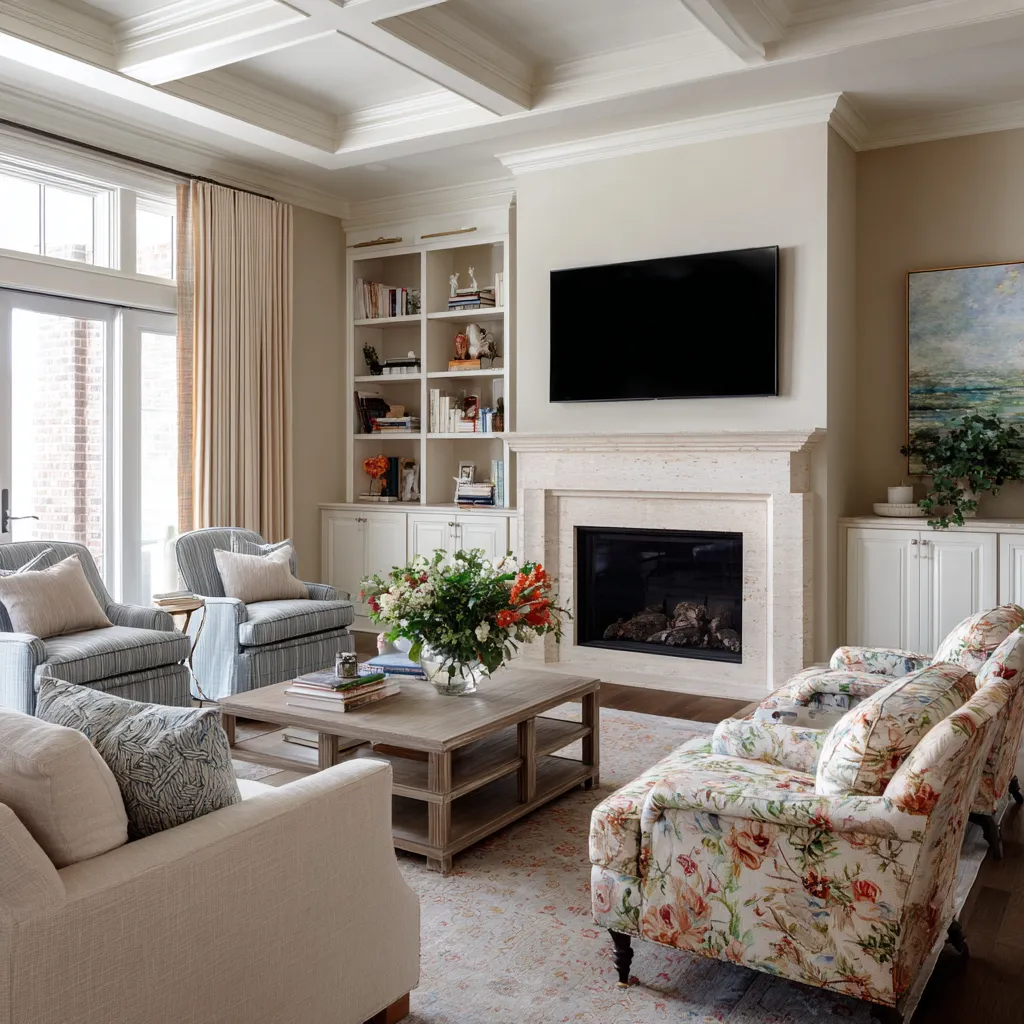 Elegany Grandmillennial family room with coffered ceiling, TV above fireplace, floral lounge chairs, striped side chairs Elegany Grandmillennial family room with coffered ceiling, TV above fireplace, floral lounge chairs, striped side chairs