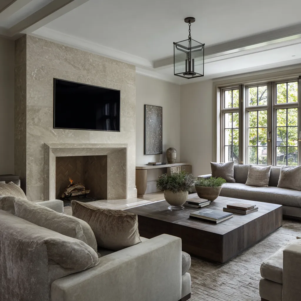 English country living room design idea with a large stone fireplace, pale sofas, dark wood coffee table English country living room design idea with a large stone fireplace, pale sofas, dark wood coffee table