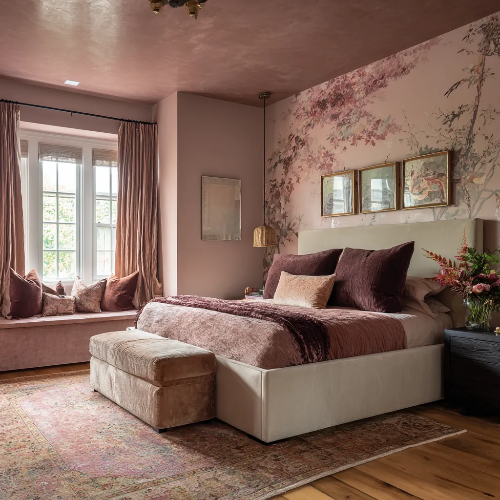 Enveloping pink maximalist bedroom ideas with a mauve ceiling, dusty floral mural, cream upholstered bed, berry and blush bedding Enveloping pink maximalist bedroom ideas with a mauve ceiling, dusty floral mural, cream upholstered bed, berry and blush bedding