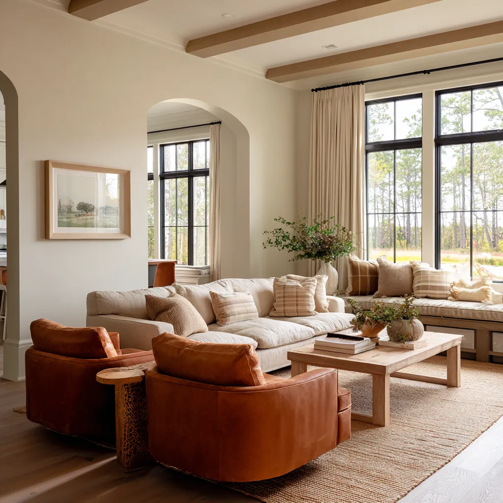 Family-friendly Lowcountry living room with ceiling beams, arched opening, black-grid windows, a window seat Family-friendly Lowcountry living room with ceiling beams, arched opening, black-grid windows, a window seat