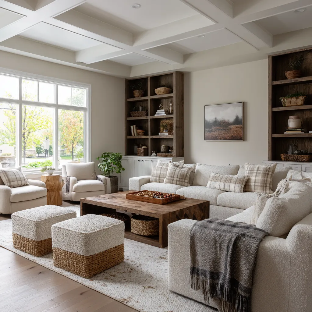 Family-friendly rustic Scandinavian living room concept with a pale coffered ceiling, dark built-ins, soft modular seating, woven-base stools Family-friendly rustic Scandinavian living room concept with a pale coffered ceiling, dark built-ins, soft modular seating, woven-base stools