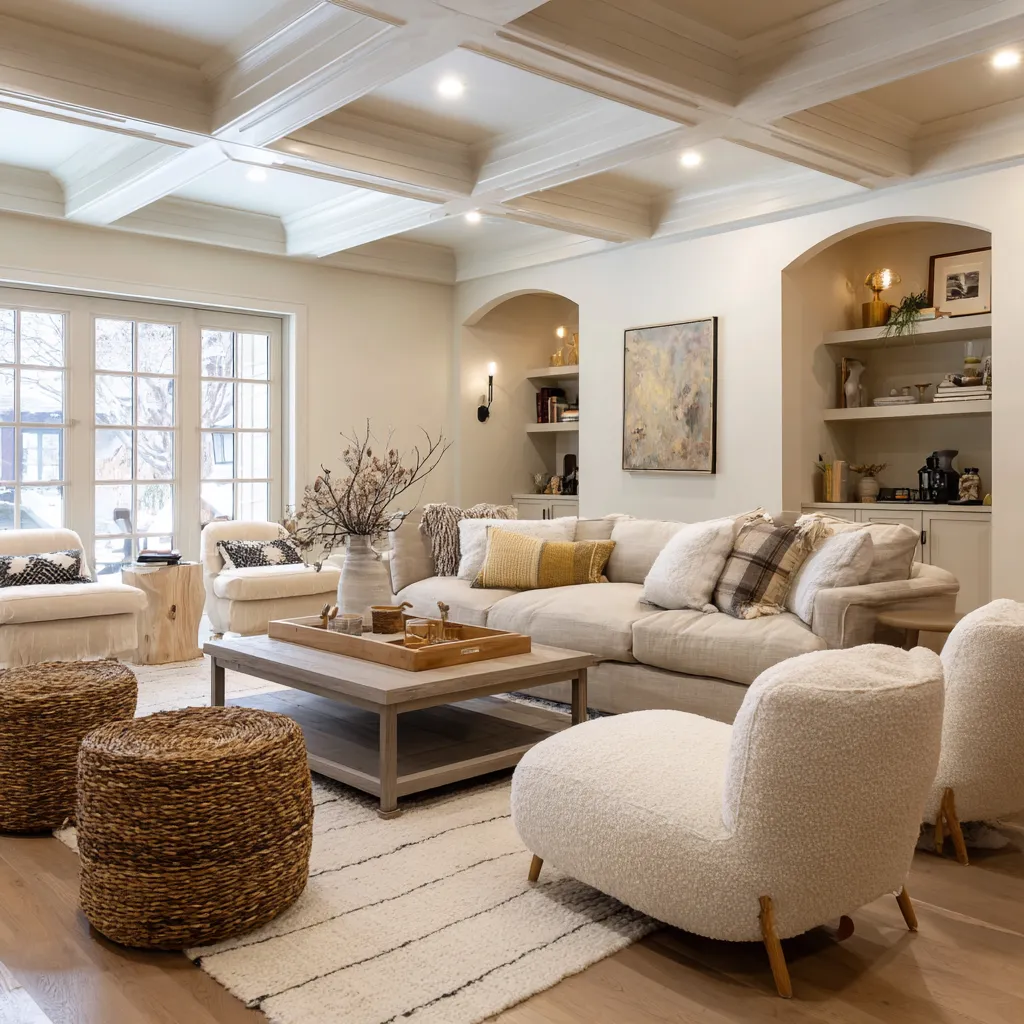 Family-friendly rustic Scandinavian living room design concept with a painted coffered plank ceiling, soft arched built-ins Family-friendly rustic Scandinavian living room design concept with a painted coffered plank ceiling, soft arched built-ins