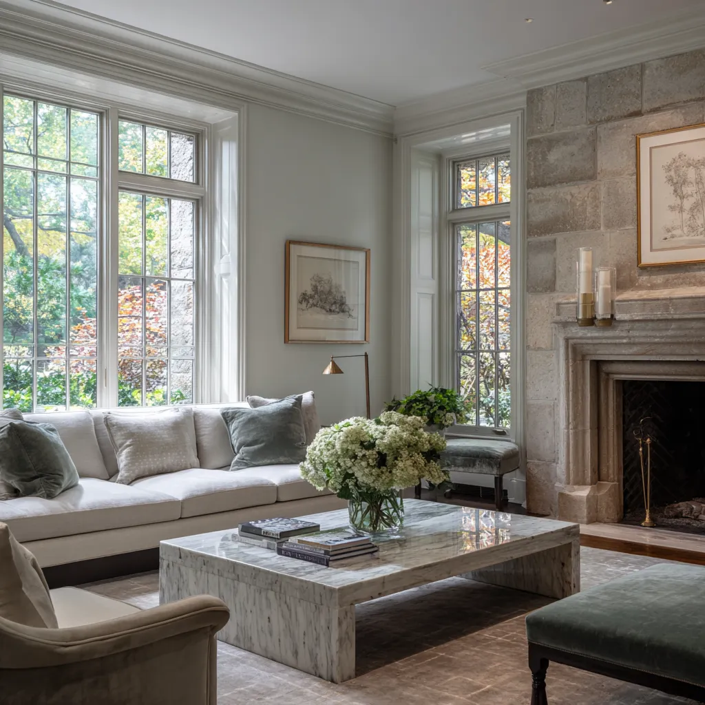 Family room interior ideas with a masonry stone fireplace wall, large bright windows, pale sofa, Family room interior ideas with a masonry stone fireplace wall, large bright windows, pale sofa,
