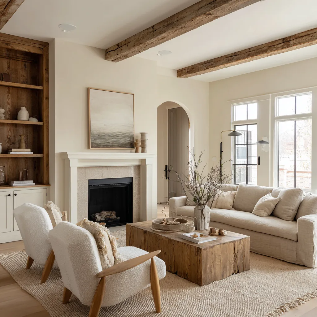 Farmhouse-inspired rustic Scandinavian living room design concept with exposed ceiling beams, built-in shelving, a simple mantel wall Farmhouse-inspired rustic Scandinavian living room design concept with exposed ceiling beams, built-in shelving, a simple mantel wall