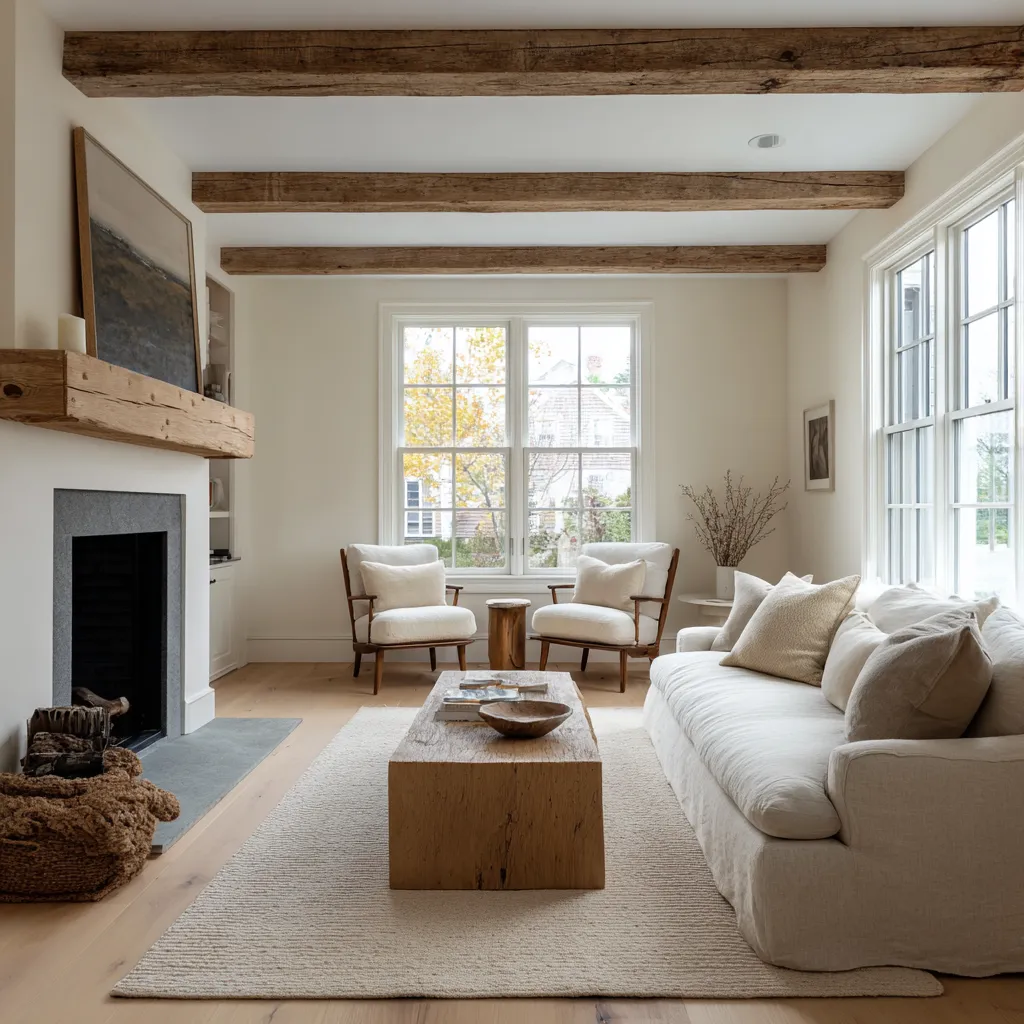 Farmhouse-leaning rustic Scandinavian living room inspiration design with exposed beams, a long linen sofa, a pared-back fireplace Farmhouse-leaning rustic Scandinavian living room inspiration design with exposed beams, a long linen sofa, a pared-back fireplace