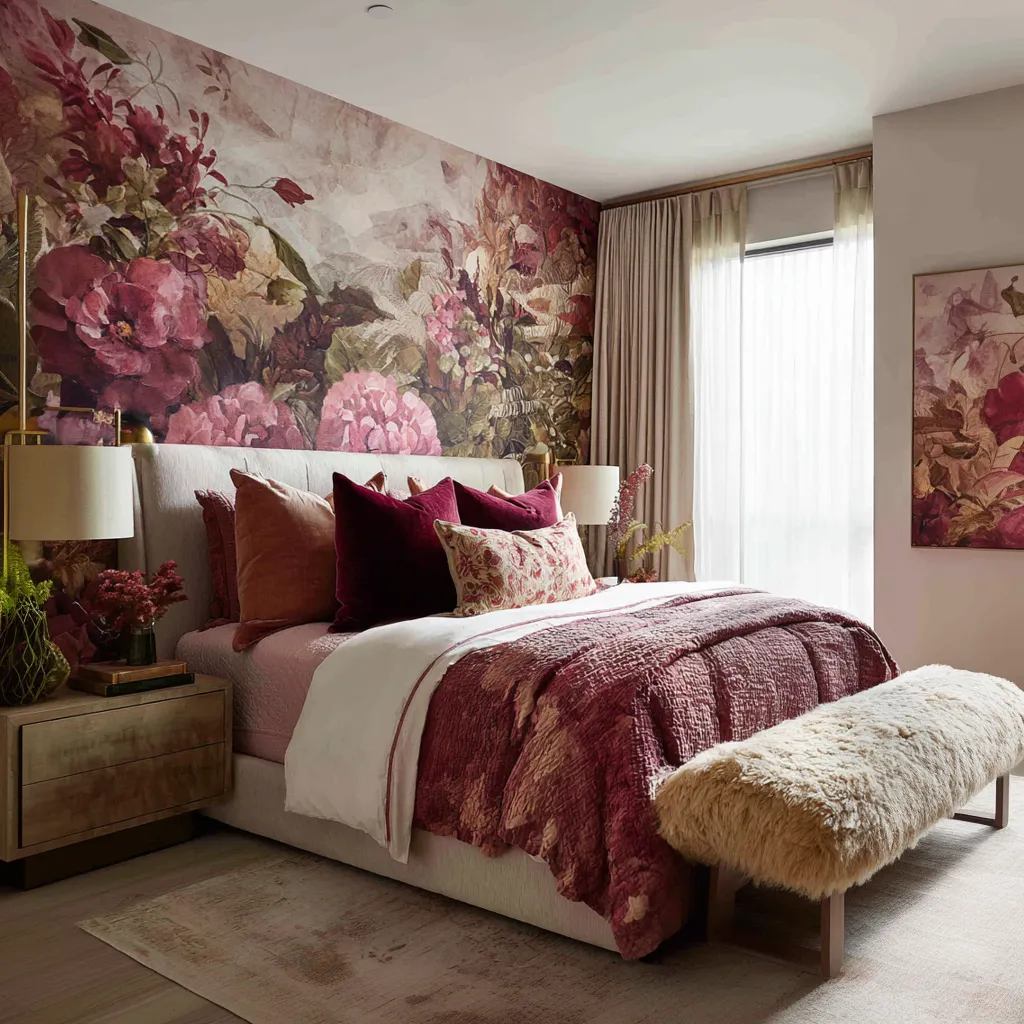Floral pink maximalist bedroom with a deep peony mural, light upholstered headboard, oxblood-centered pillow arrangement Floral pink maximalist bedroom with a deep peony mural, light upholstered headboard, oxblood-centered pillow arrangement