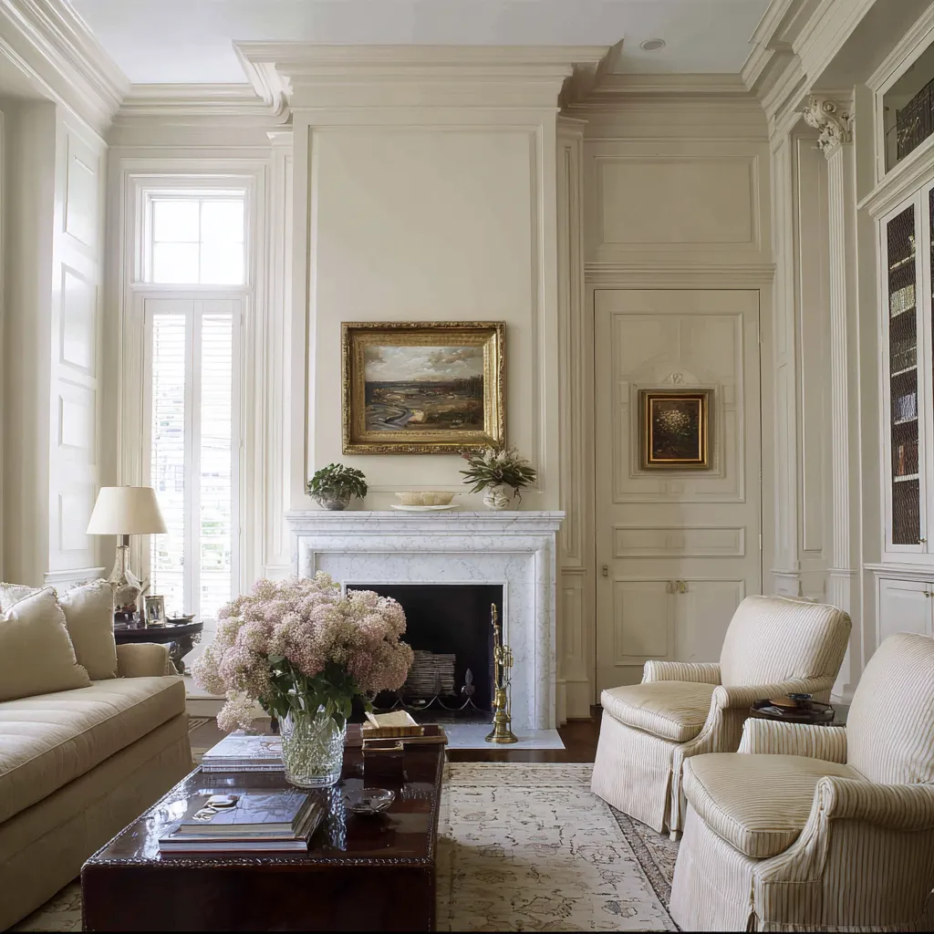Formal Southern interior deisgn composition with paneled walls, marble center line, and club-room gravity Formal Southern interior deisgn composition with paneled walls, marble center line, and club-room gravity