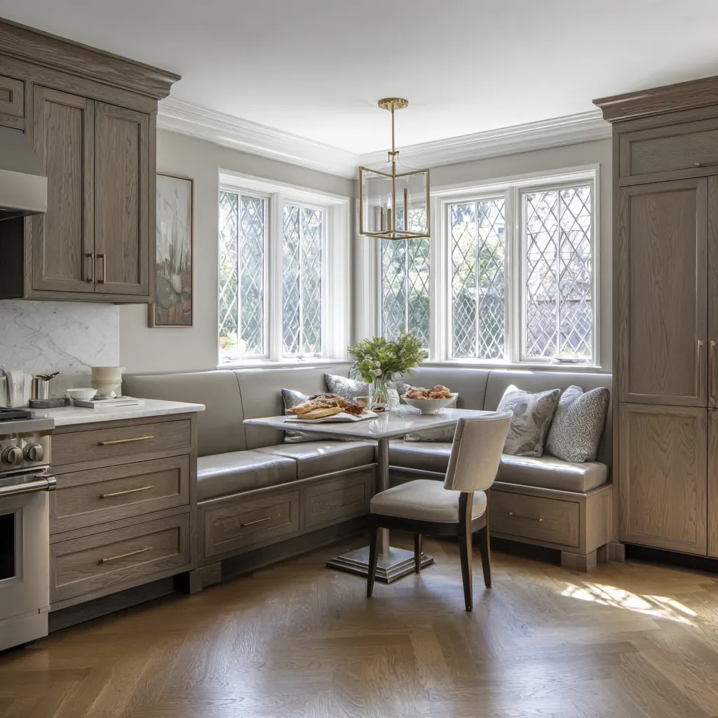 Formal modern Cape Cod kitchen concept with smoky oak cabinetry, bay-window banquette Formal modern Cape Cod kitchen concept with smoky oak cabinetry, bay-window banquette