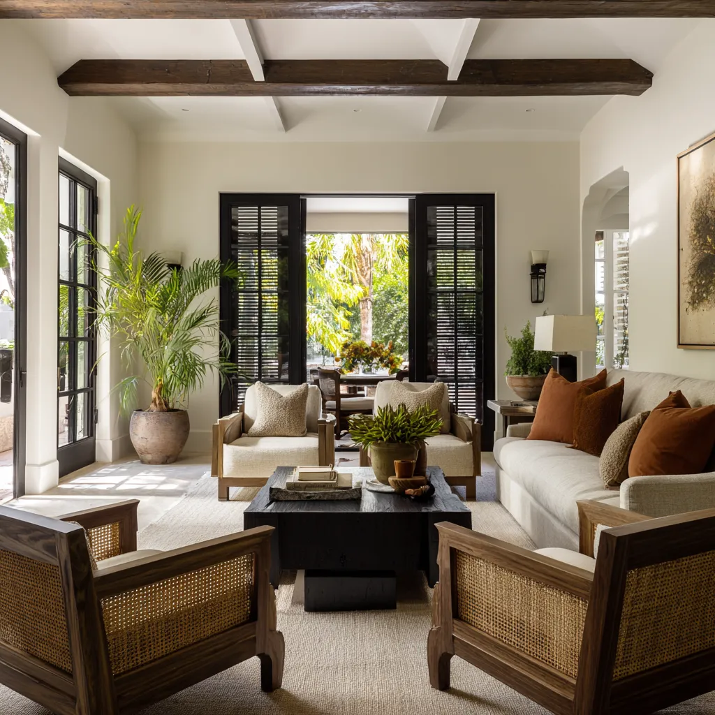 Formal room design inspiration with black-framed shuttered doors, pale plaster fireplace, low dark square coffee table Formal room design inspiration with black-framed shuttered doors, pale plaster fireplace, low dark square coffee table