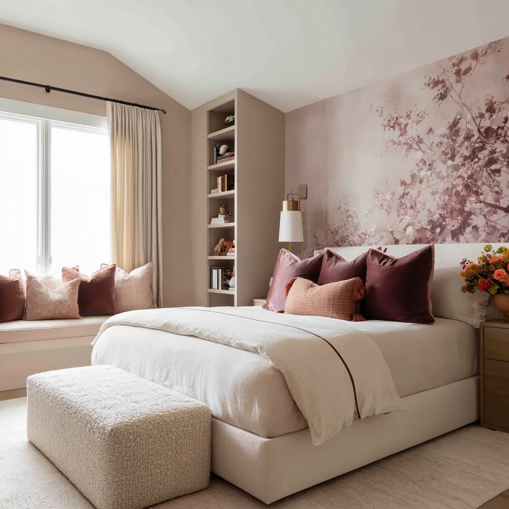 Fresh Airy pink maximalist bedroom with a rose-beige blossom mural, cream bed, deep berry pillows, clay-rose lumbar pillow