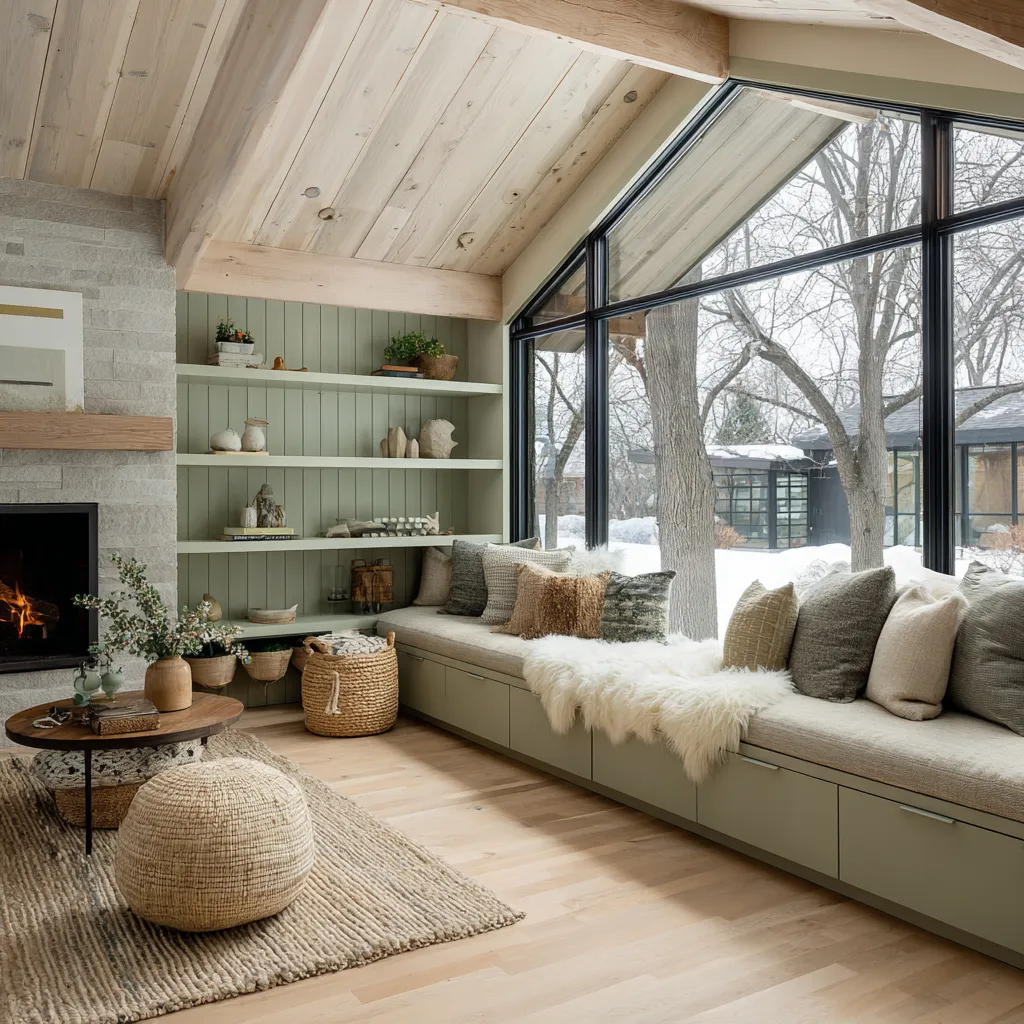 Fresh Norwegian ranch living room design concept with full-height black-framed glazing, long built-in bench Fresh Norwegian ranch living room design concept with full-height black-framed glazing, long built-in bench