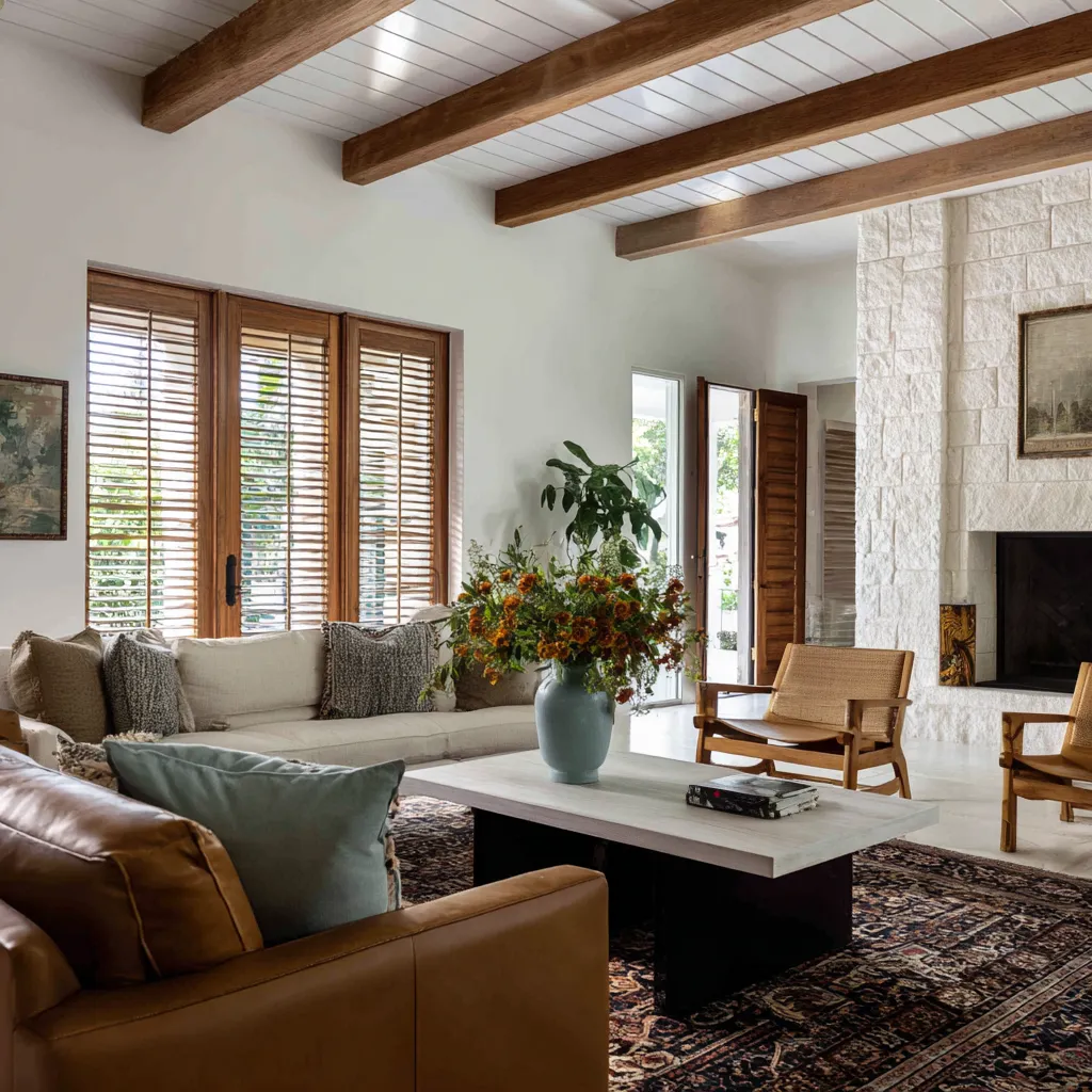 Fresh Tropical British colonial living room inspiration with a formal axial layout, arched opening, dark shutters, tall palms Fresh Tropical British colonial living room inspiration with a formal axial layout, arched opening, dark shutters, tall palms