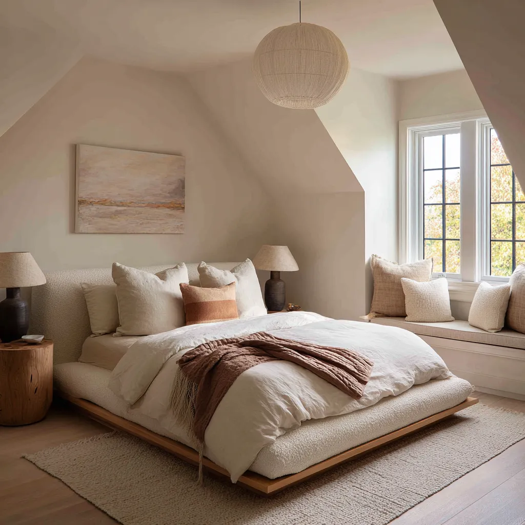 Fresh attic bedroom with a very low upholstered bed, cream and sand bedding, a rust accent pillow Fresh attic bedroom with a very low upholstered bed, cream and sand bedding, a rust accent pillow