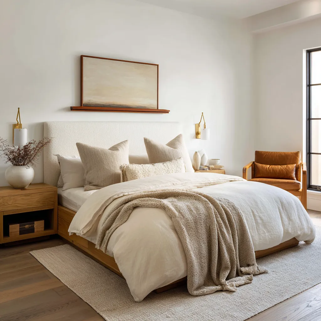 Fresh beach style bedroom with a slim wood shelf, hazy horizon art, off-white upholstered headboard Fresh beach style bedroom with a slim wood shelf, hazy horizon art, off-white upholstered headboard