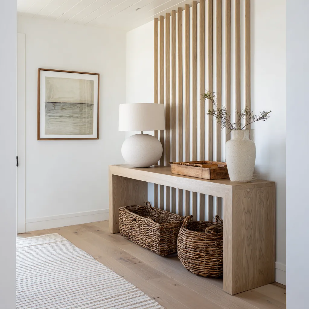Fresh coastal entryway interior design with partial wood slat wall feature, pale oak console, horizon artwork Fresh coastal entryway interior design with partial wood slat wall feature, pale oak console, horizon artwork