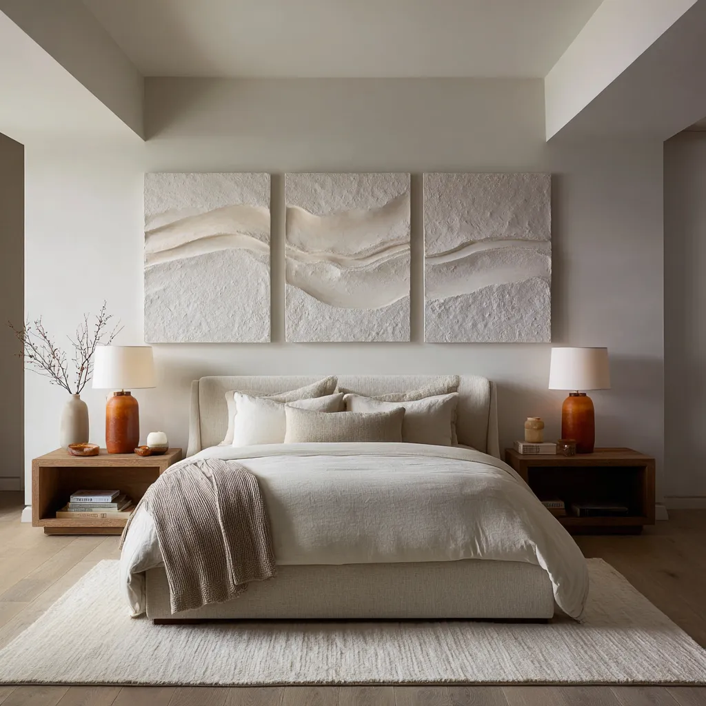 Fresh master bedroom wall decor above bed featuring four tall abstract framed panels with earthy textures Fresh master bedroom wall decor above bed featuring four tall abstract framed panels with earthy textures