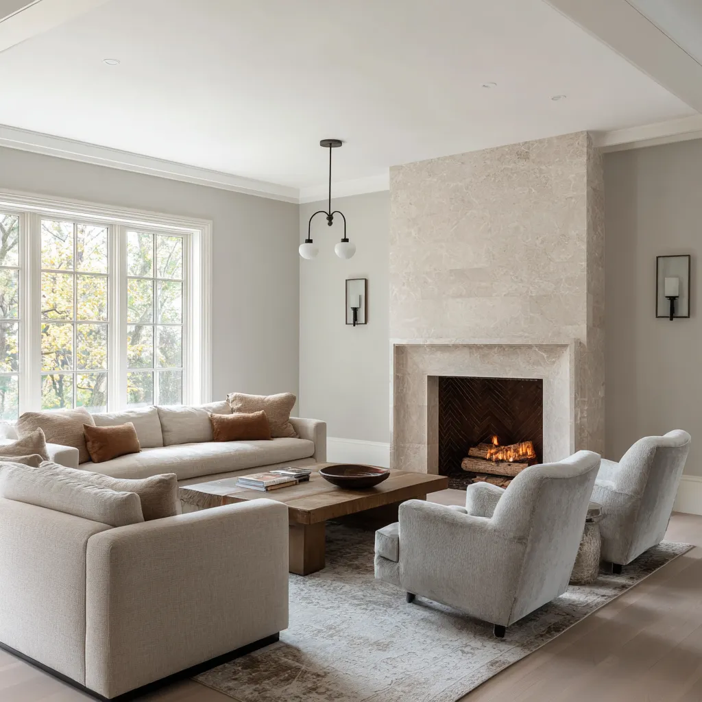 Fresh old money inspired living room design with a monolithic stone chimney breast, pale walls, dark coffee table Fresh old money inspired living room design with a monolithic stone chimney breast, pale walls, dark coffee table