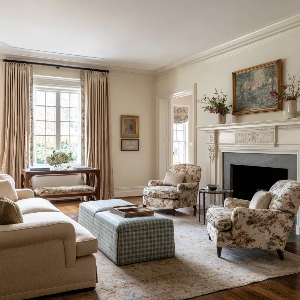 Fuller grandmillennial living room design with floral armchairs, pale sofa, blue gingham ottoman, ornate mantel Fuller grandmillennial living room design with floral armchairs, pale sofa, blue gingham ottoman, ornate mantel