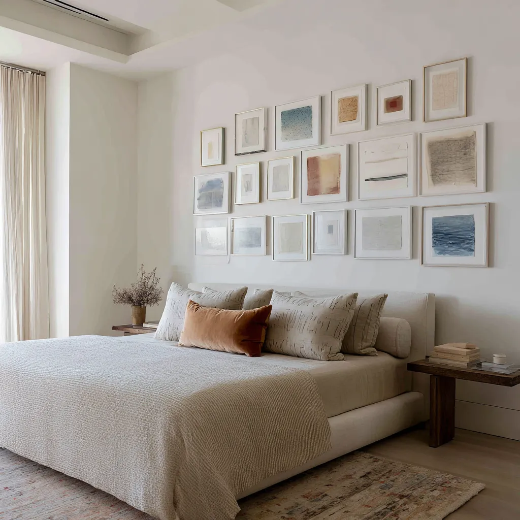Gallery wall ideas above bed with five tall sculptural relief panels above a stone-clad headboard wall Gallery wall ideas above bed with five tall sculptural relief panels above a stone-clad headboard wall