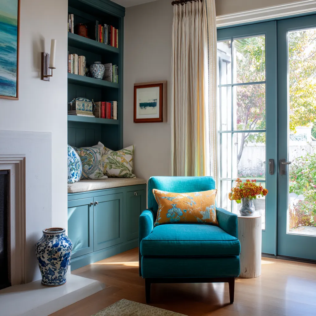 Garden-linked English country decorating idea with blue-green built-ins, tucked bench seat, botanical pillows, glazed door