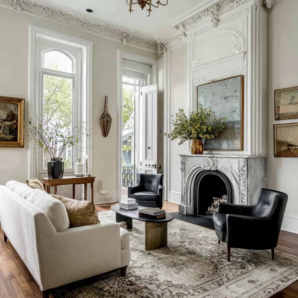 Grand historic style salon design in New Orleans style with elaborate plaster cornices, marble fireplace, arched window, large modern artwork Grand historic style salon design in New Orleans style with elaborate plaster cornices, marble fireplace, arched window, large modern artwork