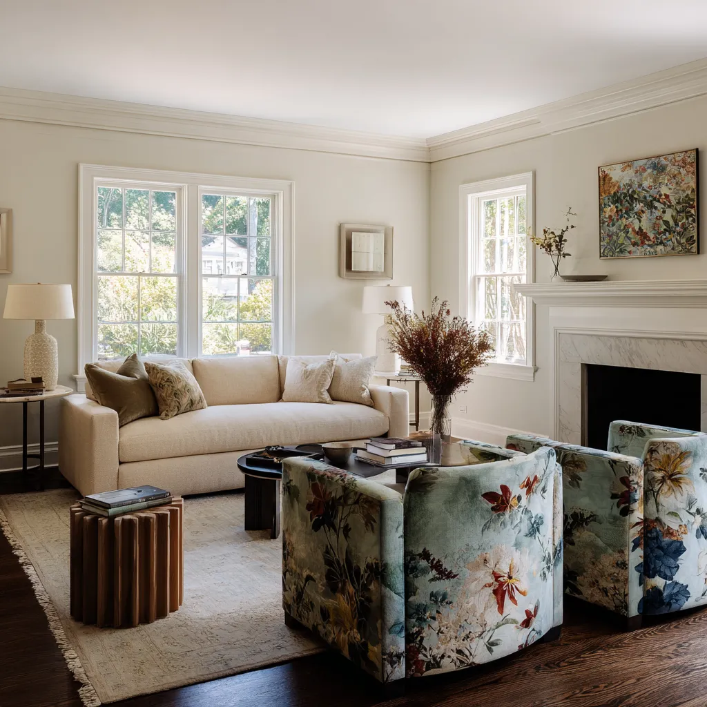 Grandmillennial living room ideas with cream sofa, floral club chairs, marble mantel, dark wood floor, pale walls, and a small black coffee table Grandmillennial living room ideas with cream sofa, floral club chairs, marble mantel, dark wood floor, pale walls, and a small black coffee table