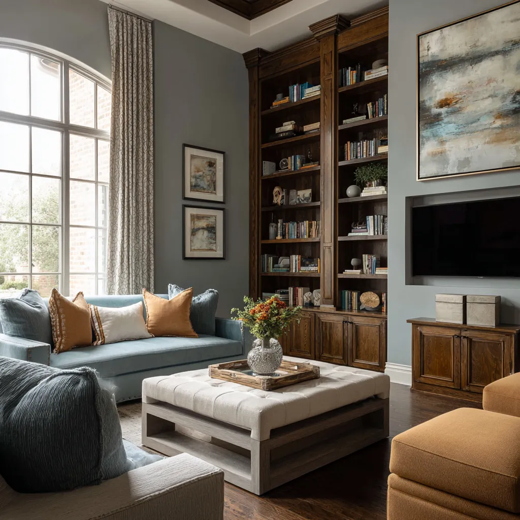 Gray-blue library living room design with tall dark wood built-ins, blue seating, camel accents, and tufted ottoman table Gray-blue library living room design with tall dark wood built-ins, blue seating, camel accents, and tufted ottoman table
