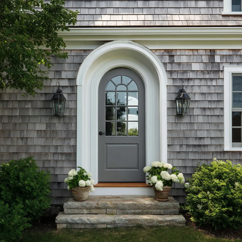 Gray front entry door idea inside a large white arched surround, with divided-light upper glass, cedar shingles Gray front entry door idea inside a large white arched surround, with divided-light upper glass, cedar shingles