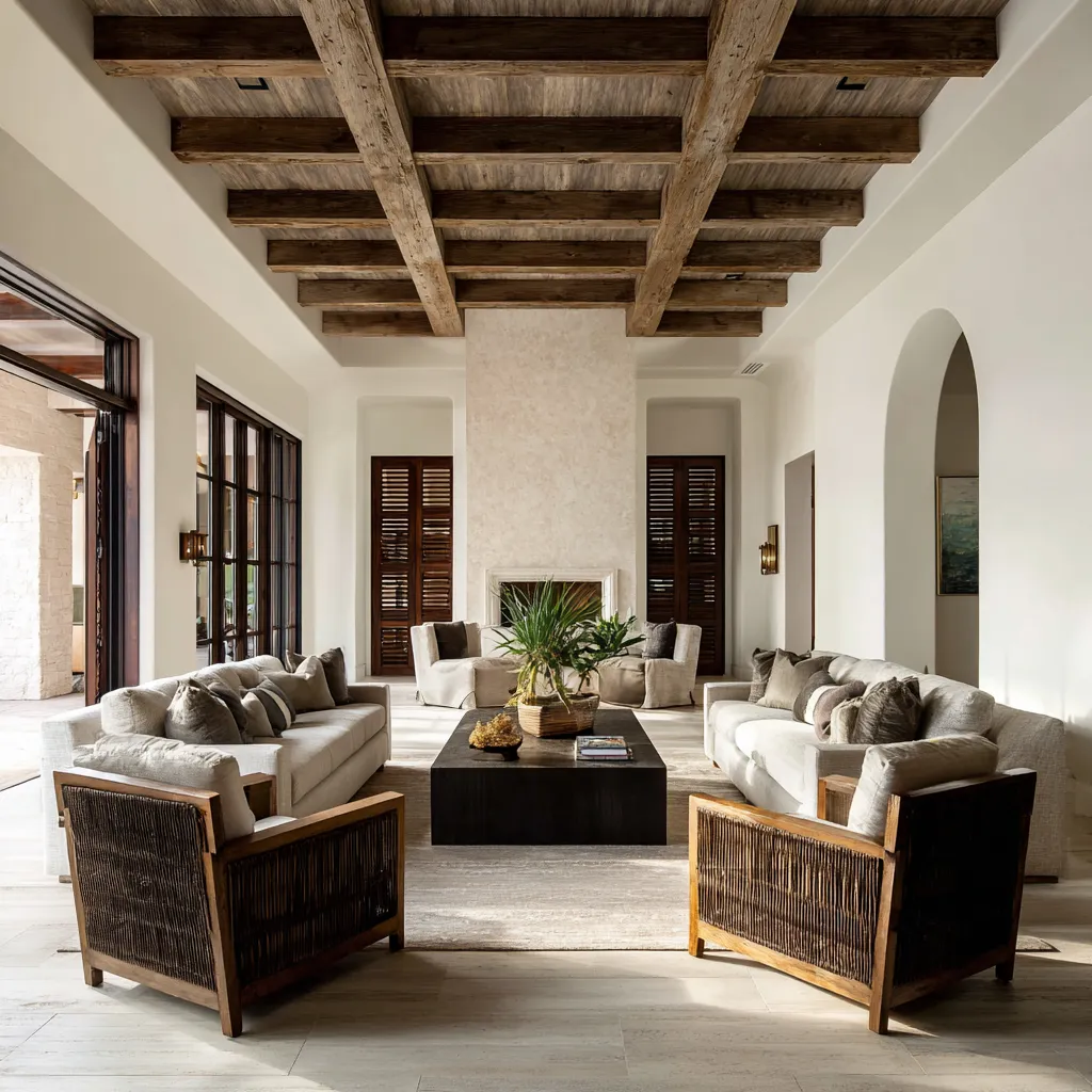 Great room concept with a long hall-like composition, deep dark timber ceiling beams, opposing pale sofas Great room concept with a long hall-like composition, deep dark timber ceiling beams, opposing pale sofas