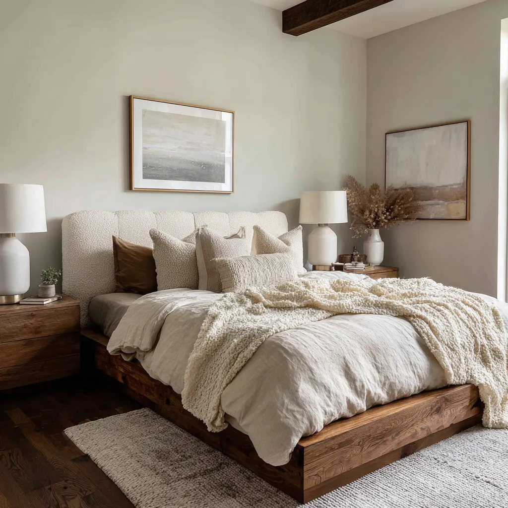 Grounded neutral bedroom with a thick upholstered headboard, dark wood bed base and nightstands Grounded neutral bedroom with a thick upholstered headboard, dark wood bed base and nightstands