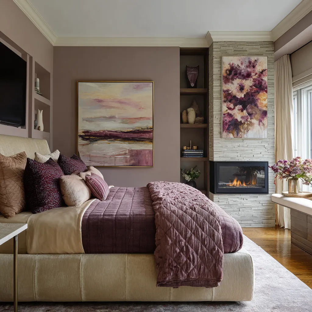 Grown-up pink maximalist bedroom ideas with a smoked mauve wall, cream upholstered bed, plum and berry bedding, pale stone fireplace Grown-up pink maximalist bedroom ideas with a smoked mauve wall, cream upholstered bed, plum and berry bedding, pale stone fireplace