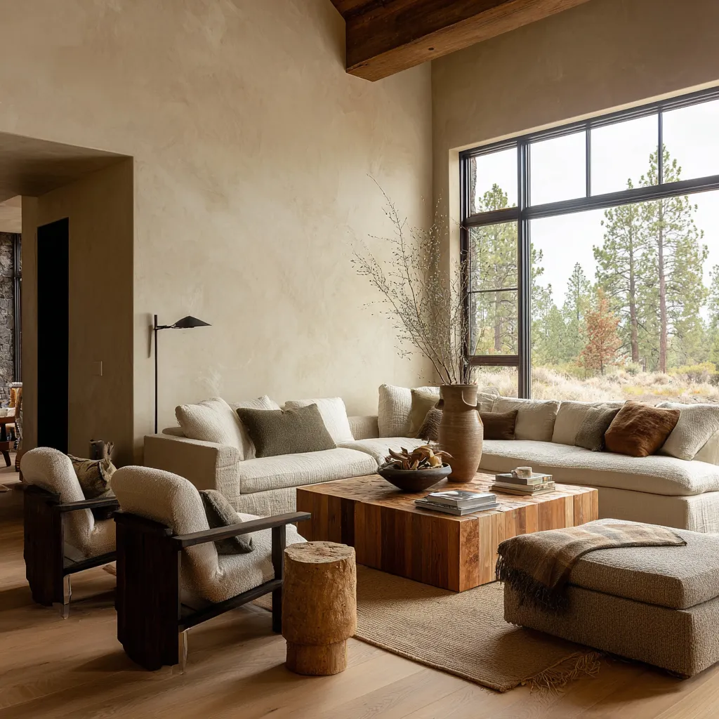 High-desert rustic Scandinavian living room inspiration concept with tall plaster walls, a large black-framed picture window High-desert rustic Scandinavian living room inspiration concept with tall plaster walls, a large black-framed picture window