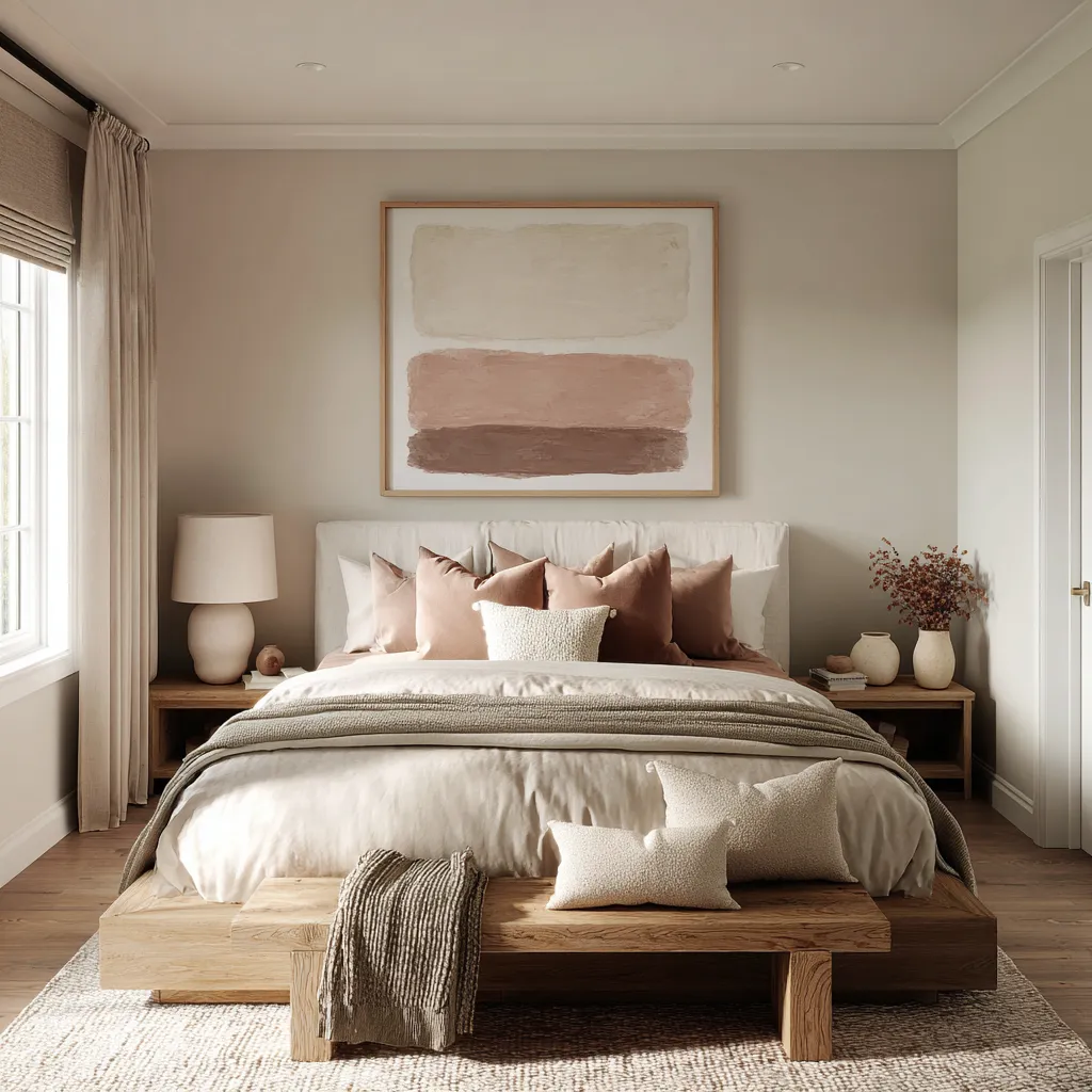 Highly centered bedroom with a pale oak bed, bench at the foot, blush-brown pillows, large abstract art Highly centered bedroom with a pale oak bed, bench at the foot, blush-brown pillows, large abstract art
