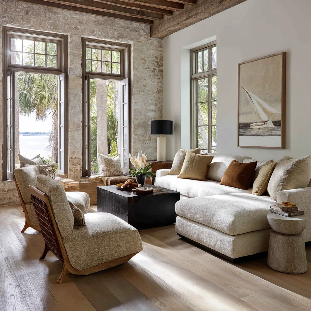 Historic coastal living room ideas with limewashed masonry wall, exposed timber beams, tall shuttered windows Historic coastal living room ideas with limewashed masonry wall, exposed timber beams, tall shuttered windows