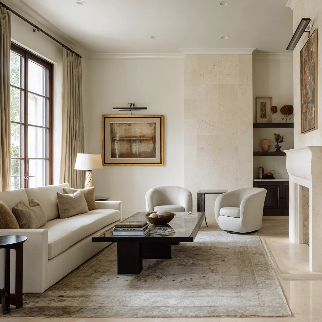 Houston-adapted luxury with limestone chimney mass, deep drapery, and a low formal seating group Houston-adapted luxury with limestone chimney mass, deep drapery, and a low formal seating group