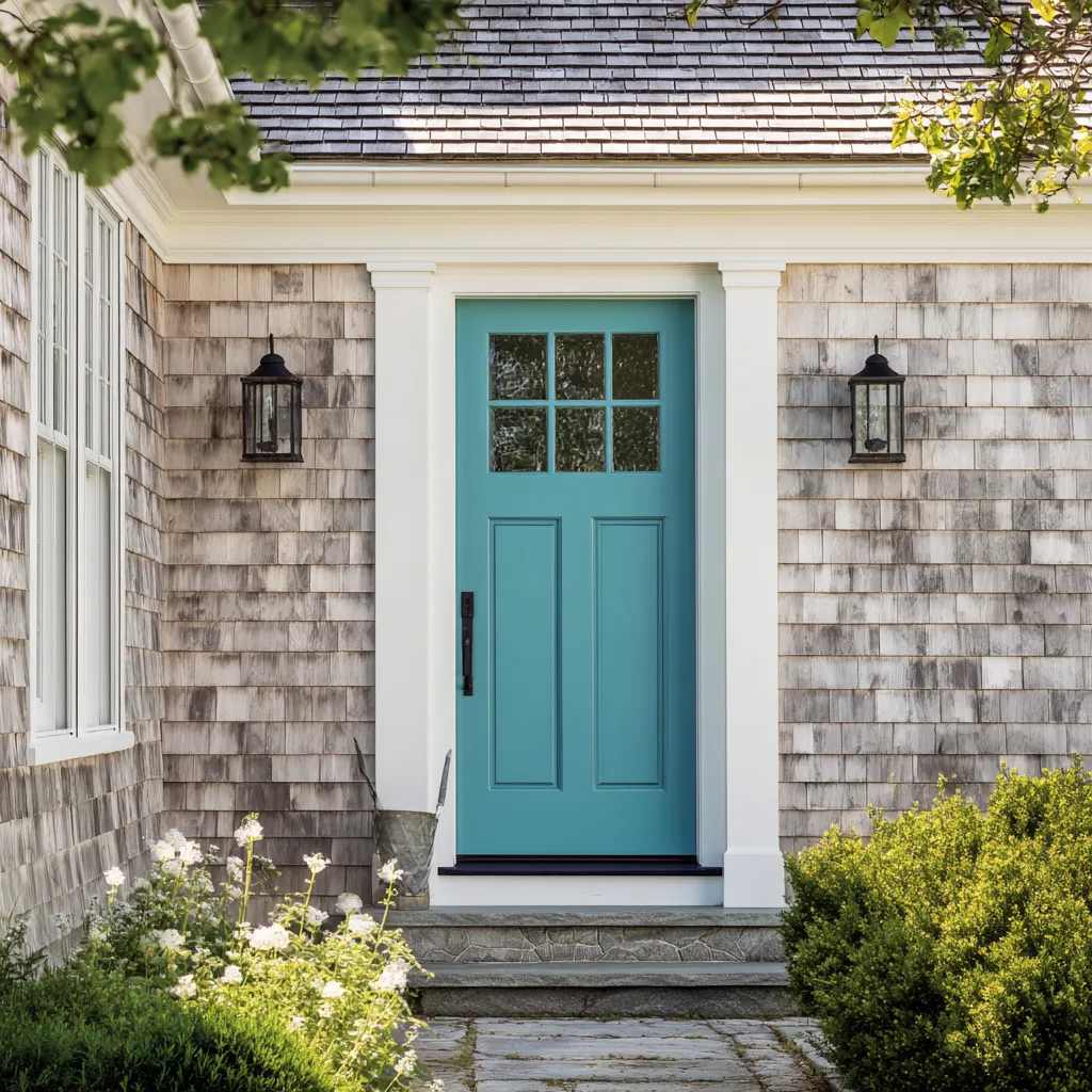 Idea with Blue-green main entry door set in a thick white surround against weathered cedar shingles, with six small upper panes Idea with Blue-green main entry door set in a thick white surround against weathered cedar shingles, with six small upper panes
