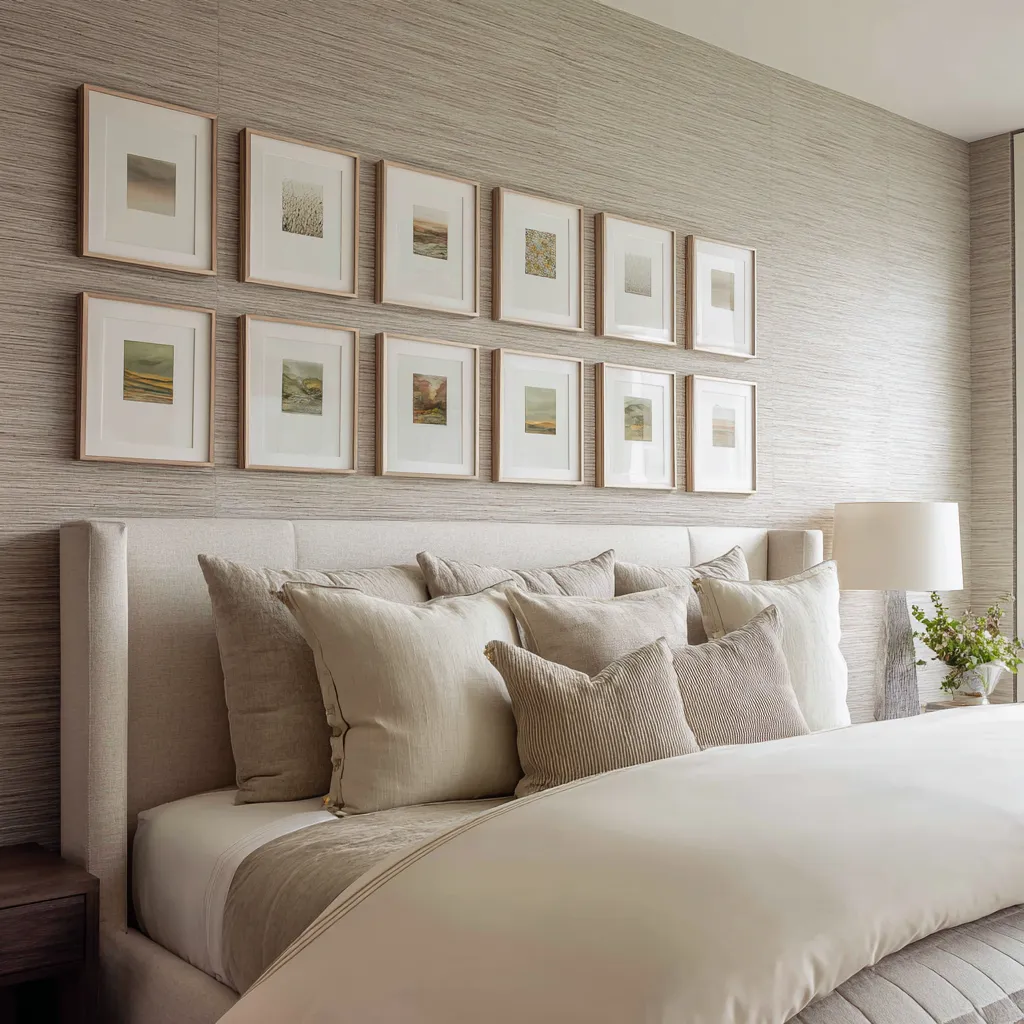 Ideas for above bed decor with three black-framed black-and-white photographs, generous white mats Ideas for above bed decor with three black-framed black-and-white photographs, generous white mats