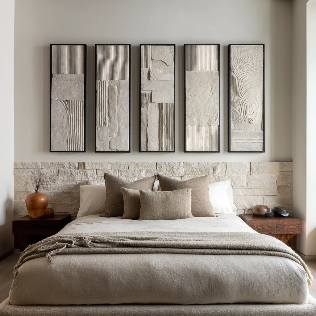 Impressive master bedroom above bed decor ideas with a compact six-piece dark-framed grid Impressive master bedroom above bed decor ideas with a compact six-piece dark-framed grid