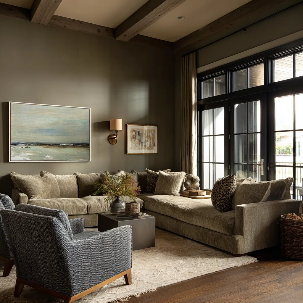Intimate brown-olive living room with dark ceiling beams, black-framed doors, a deep neutral sectional Intimate brown-olive living room with dark ceiling beams, black-framed doors, a deep neutral sectional