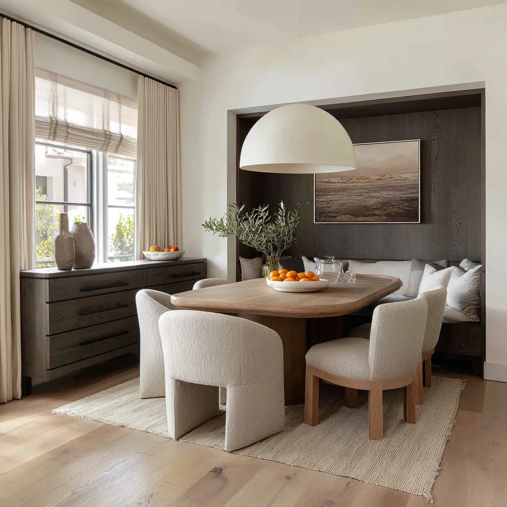Intimate coastal dining room design with a dark wood alcove banquette, broad rounded table, pale upholstered chairs Intimate coastal dining room design with a dark wood alcove banquette, broad rounded table, pale upholstered chairs